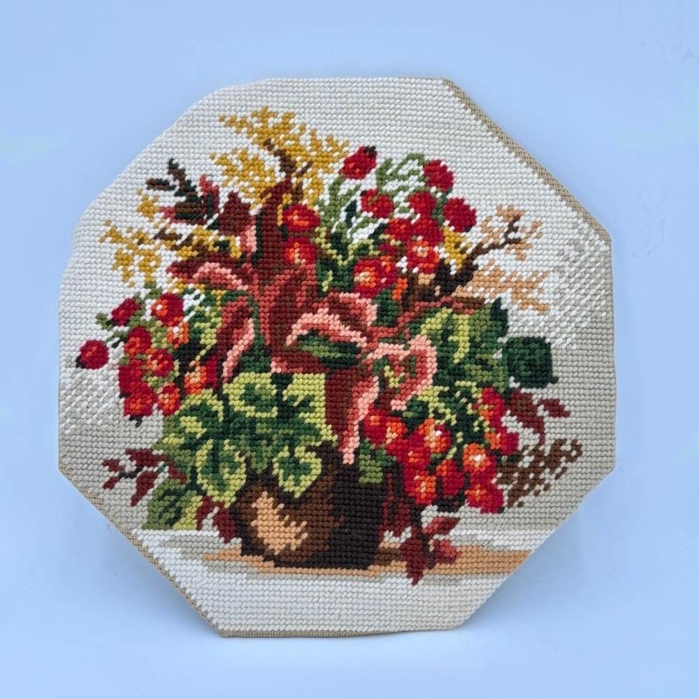 Vintage 1980s Handmade Needlepoint Floral Embroidery Octagon Unframed 10.5in